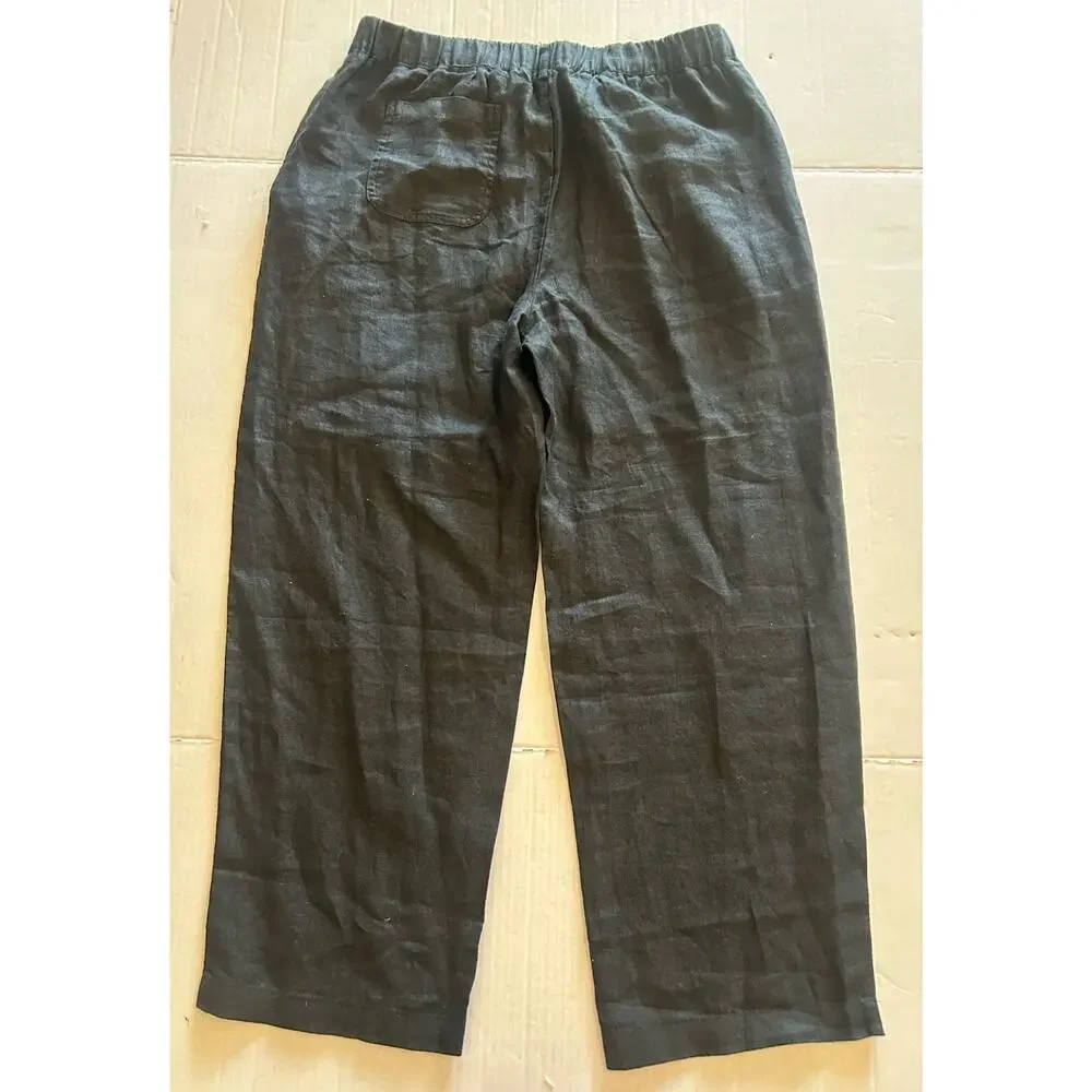 Quince Womens Sz Medium Black European Linen Pants Elastic Waist Cropped Coastal